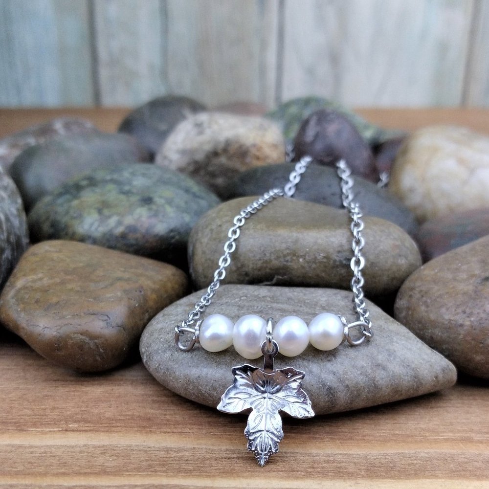 Cultured Pearl & Leaf Charm Chain Necklace